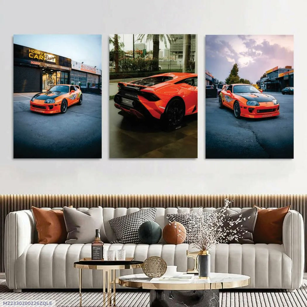 3 Pcs Orange Car Wall Art Set 8x11 MDF