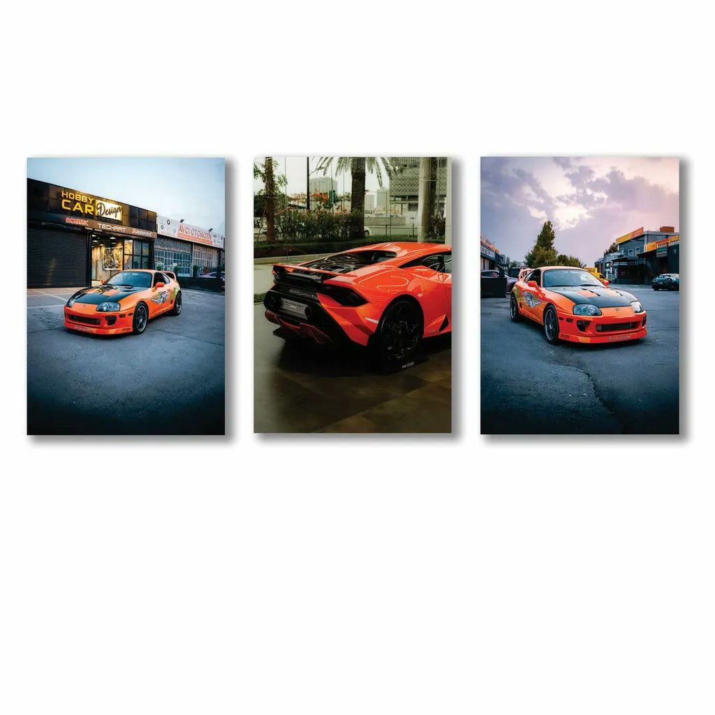 3 Pcs Orange Car Wall Art Set 8x11 MDF