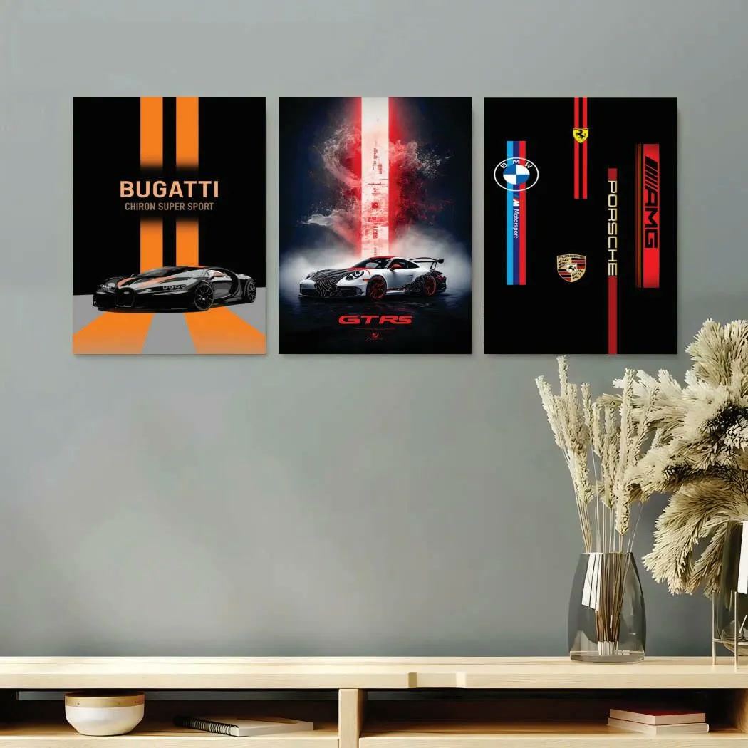 3 Pcs Car Design Wall Art Paintings 8x11 MDF Multicolor