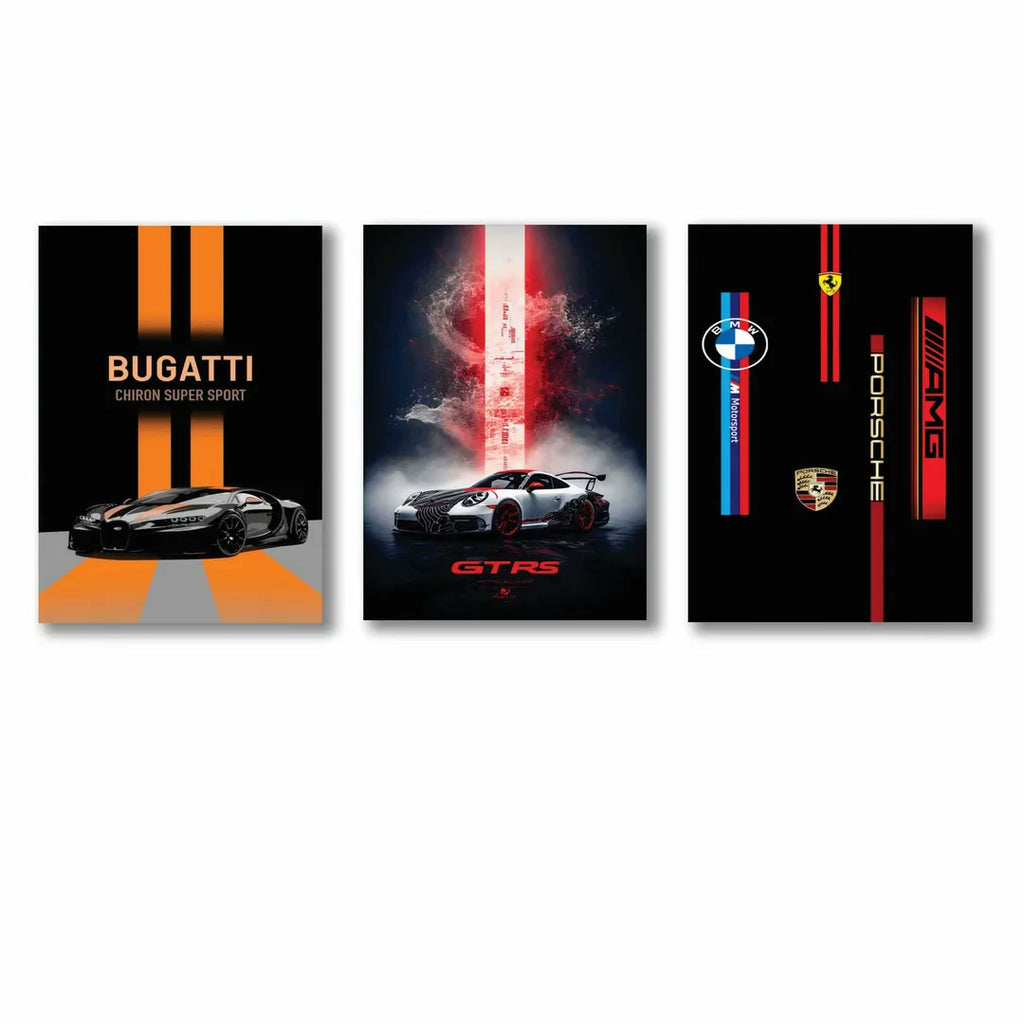 3 Pcs Car Design Wall Art Paintings 8x11 MDF Multicolor