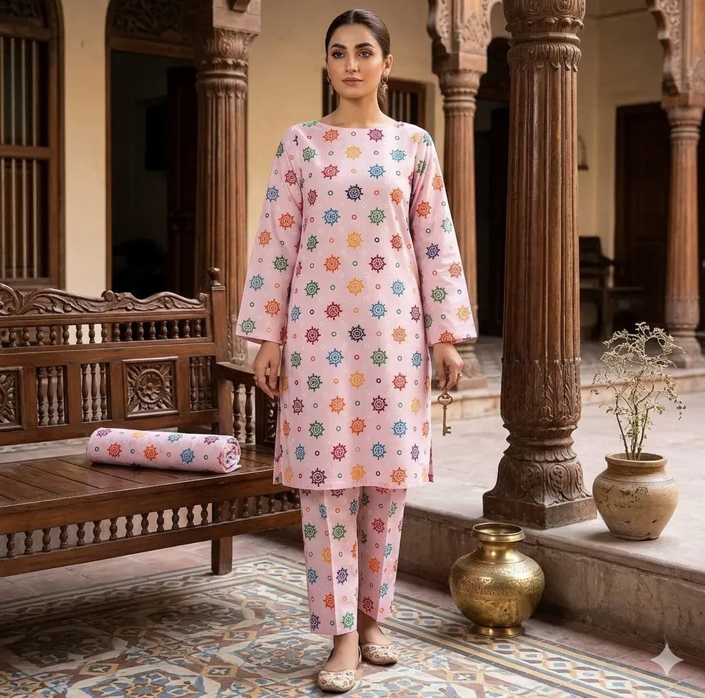 Pink Digital Print 2-Piece Polo Cotton Set