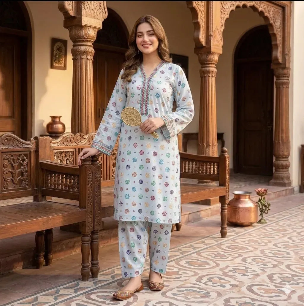 Pakistani Women Printed Polo Cotton 2Pcs Set Silver