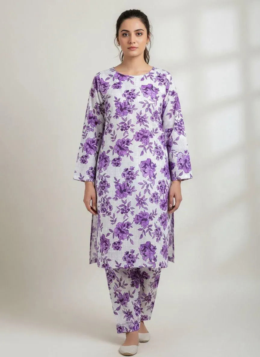 Women Printed 2-Piece Suit White Polo Cotton