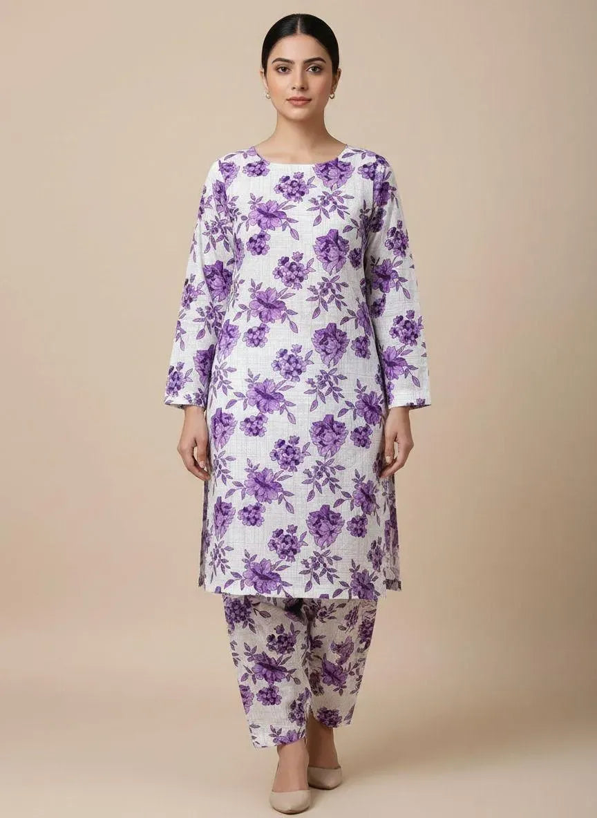 Women Printed 2-Piece Suit White Polo Cotton