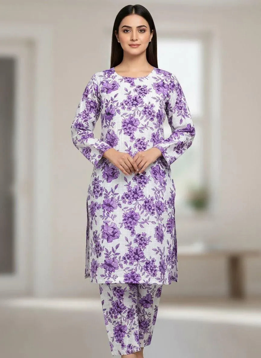 Women Printed 2-Piece Suit White Polo Cotton