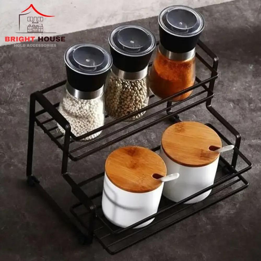 Two Tier Spice Rack Black Iron Kitchen Storage