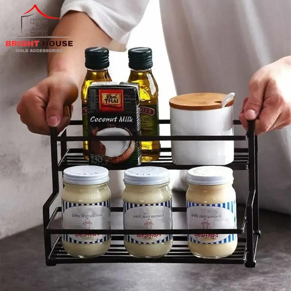 Two Tier Spice Rack Black Iron Kitchen Storage