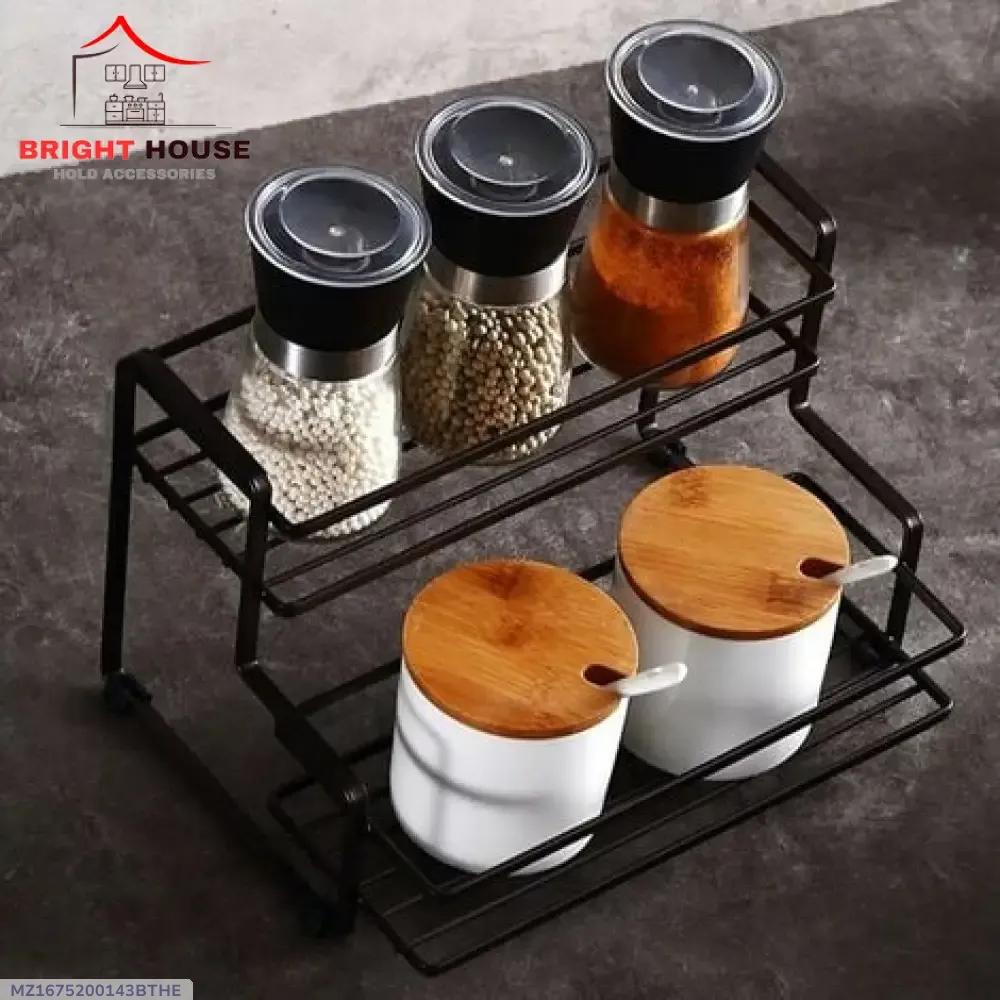 Two Tier Spice Rack Black Iron Kitchen Storage