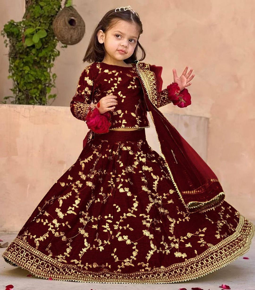 Maroon Raw Silk 3-Piece Embroidered Set for Girls 1-12
