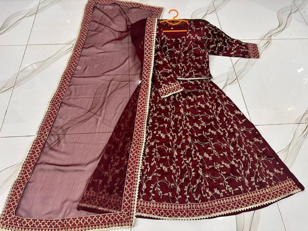Maroon Raw Silk 3-Piece Embroidered Set for Girls 1-12