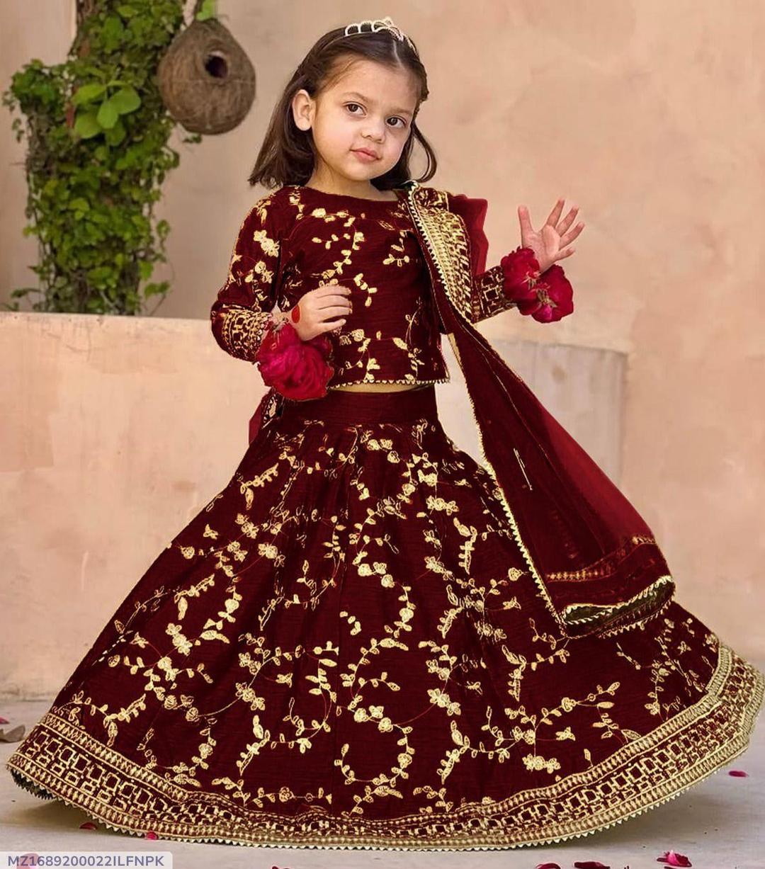 Maroon Raw Silk 3-Piece Embroidered Set for Girls 1-12