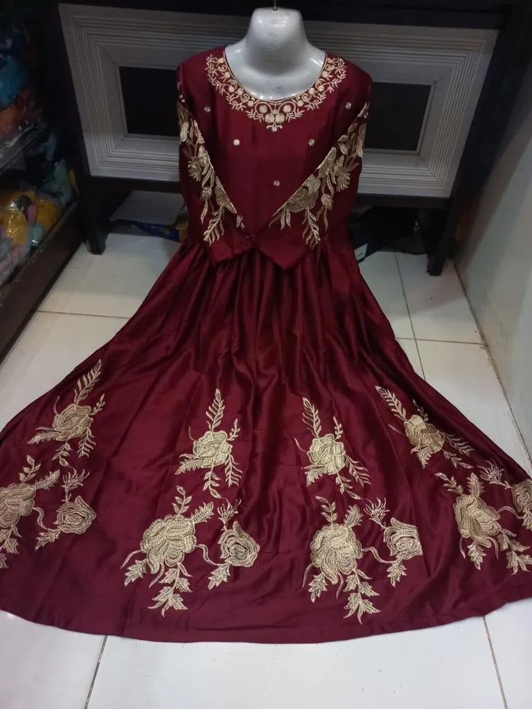 Maroon Embroidered Shamoz Silk Maxi Suit for Eid & Weddings